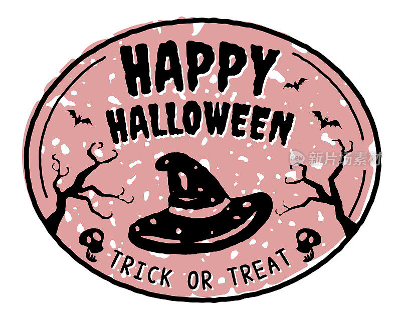 幽灵橡胶邮票与女巫的帽子，万圣节快乐，枯萎的树，和蝙蝠