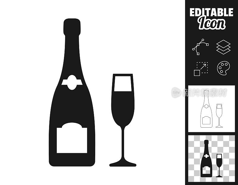 香槟瓶和玻璃杯。图标设计。轻松地编辑