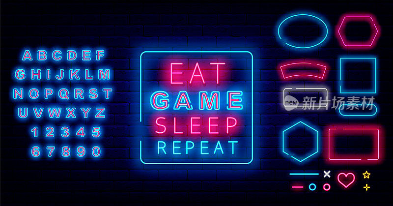 吃游戏睡重复霓虹灯招牌。各种框架集合在砖墙上。向量股票插图