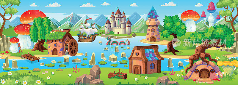 有岛屿、山脉和河流的景观，霍比特人和侏儒的房子，城堡和灯塔，蘑菇。岛上有塔的梦幻城堡。向量。