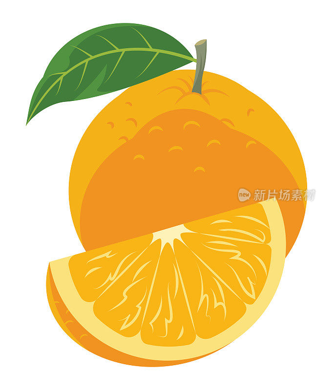 新鲜成熟的橙子，带叶和切片。