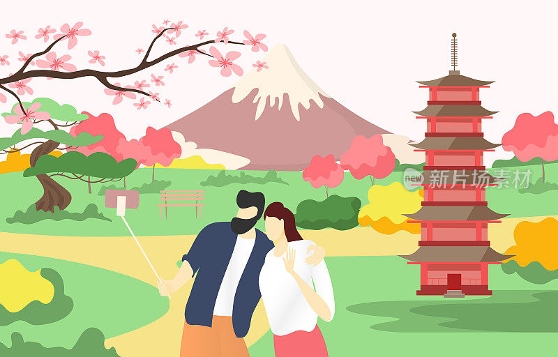 欧洲可爱的情侣自拍照片日本亚洲风格的寺庙，景观富士山平坦矢量插画，孤立的白色。