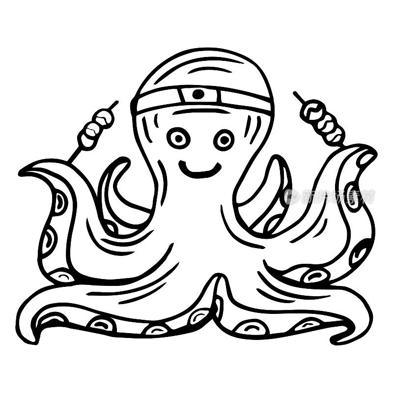 卡通章鱼配日本美食章鱼烧。头上缠着绷带，白色背景上写着“章鱼烧”