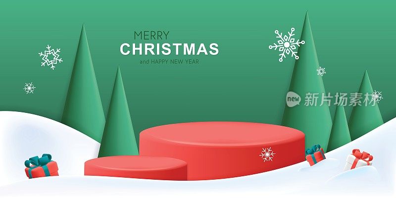基本3d矢量圣诞快乐和新年快乐冬季景观横幅模板与讲台舞台锥形松树礼盒designRGB