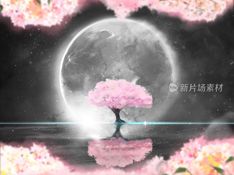 银色的满月和樱花盛开在单色水面和樱花框架的幻想背景风景插图。