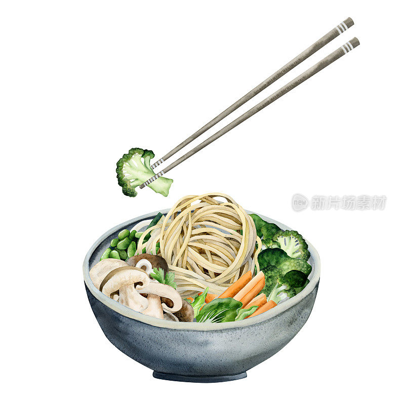 碗与中国面条和蔬菜水彩插图。用筷子夹亚洲菜、花椰菜、蘑菇
