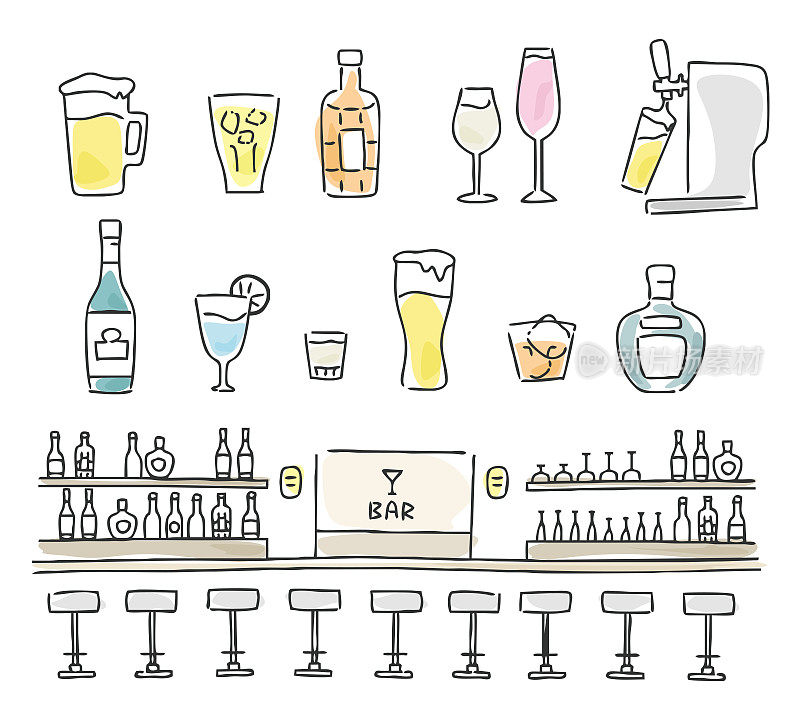 酒吧和酒精图标集合。