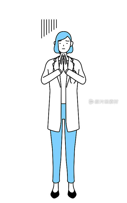 一位穿白大褂的女医生双手放在身体前道歉。