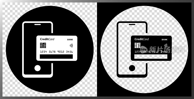 网上购物图标，非接触式支付，智能手机和信用卡。