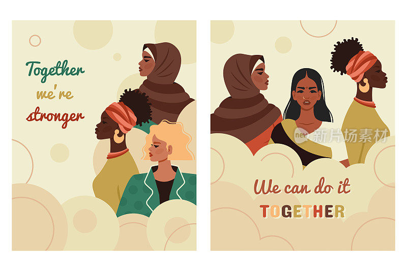 一套女权运动卡片。国际女权主义日。不同国籍的女性聚在一起。妇女赋权，多样性，性别平等的概念。妇女节的矢量插图