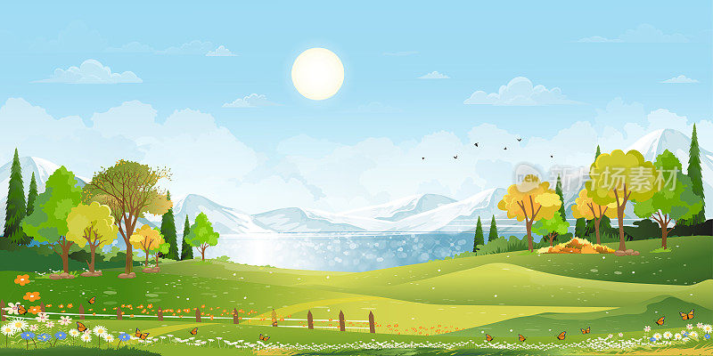 自然春光村，绿野，云，蓝天，自然乡村风光，绿树乡村，夏日阳山，吃货旗，环境日背景
