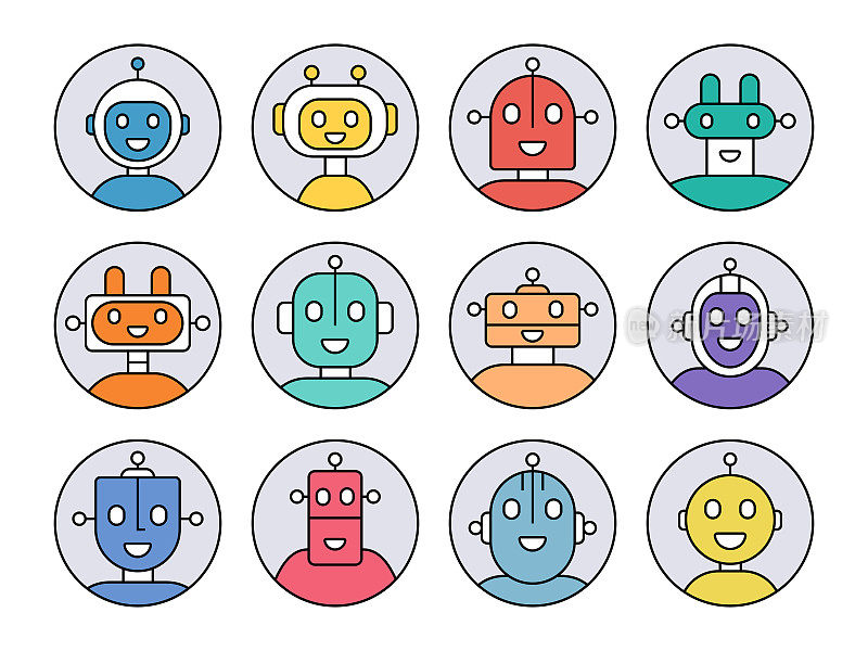 机器人人工智能头像图标集。为聊天机器人和社交网络介绍不同的机器人面孔。字符。矢量股票插图