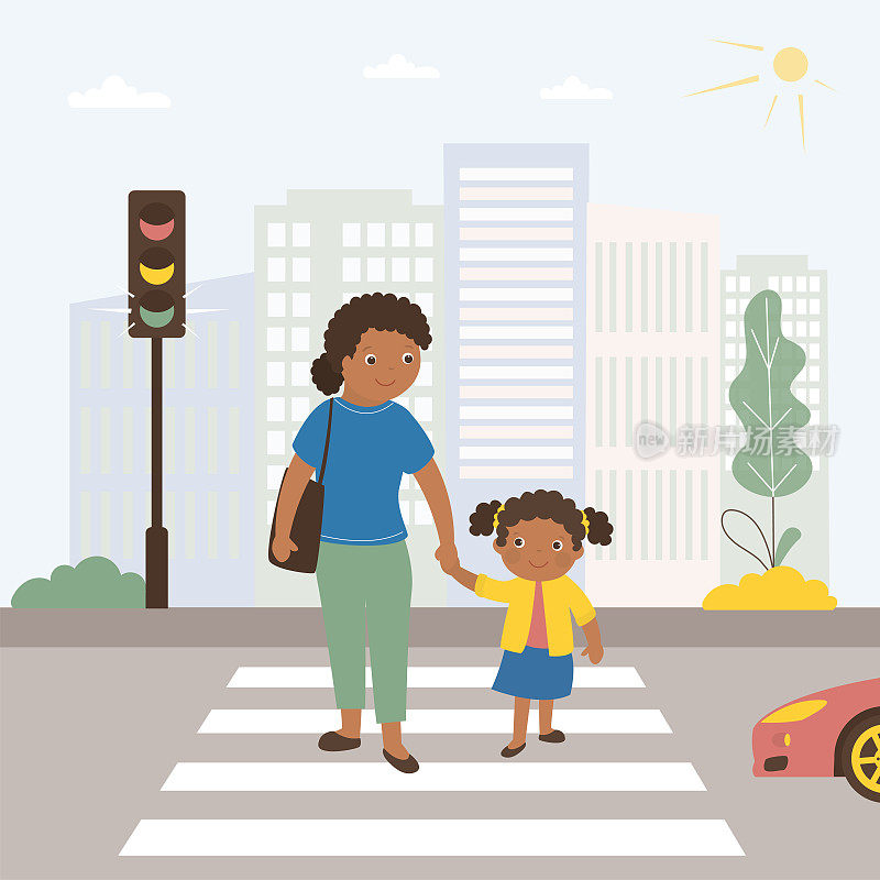 非裔美国母亲和女儿在人行横道过马路。行人安全，人遵守交通规则。城市景观，城市道路，红绿灯。街上的女性角色。