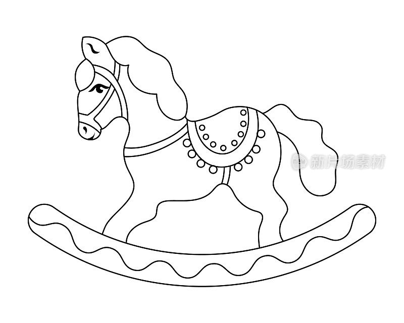 摇摆马，儿童玩具。儿童涂色书轮廓画，素描