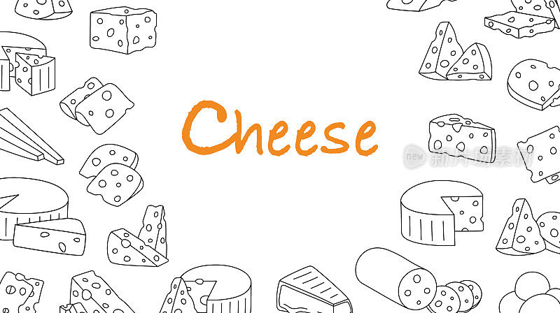 奶酪产品大纲横幅。奶酪片。切达干酪、卡门培尔干酪、砖干酪、马苏里拉干酪、马斯丹干酪、布里干酪、罗克福尔干酪、豪达干酪、菲达干酪和帕尔马干酪。