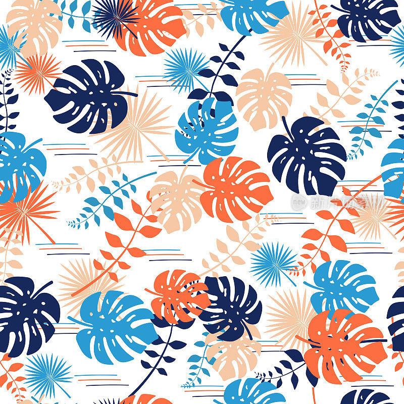夏季热带无缝图案与蓝色和米色叶子。丛林印花，印花，织物，墙纸。花卉图案，夏威夷。