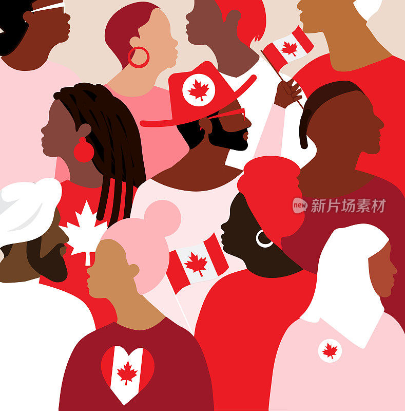加拿大国庆日快乐，广场上的人群手持加拿大国旗向人们致意