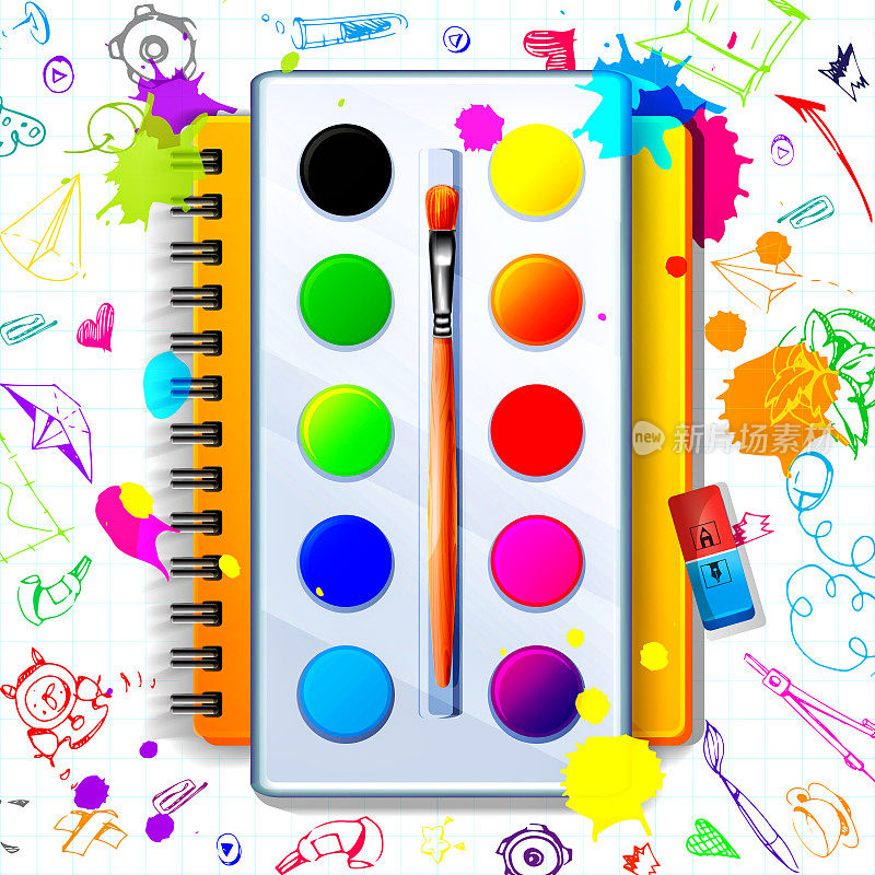以卡通风格的学校教育理念。在学校上绘画课。多色水彩画用画笔和笔记本和写意绘画在笔记本纸的白色背景。