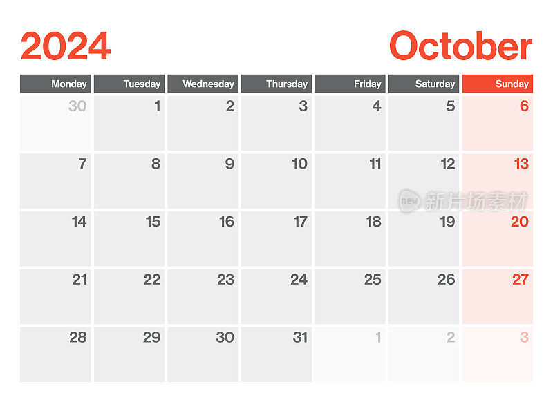 2024年10月-日历规划师。极简风格的景观水平日历2024年。向量模板。这一周从星期一开始
