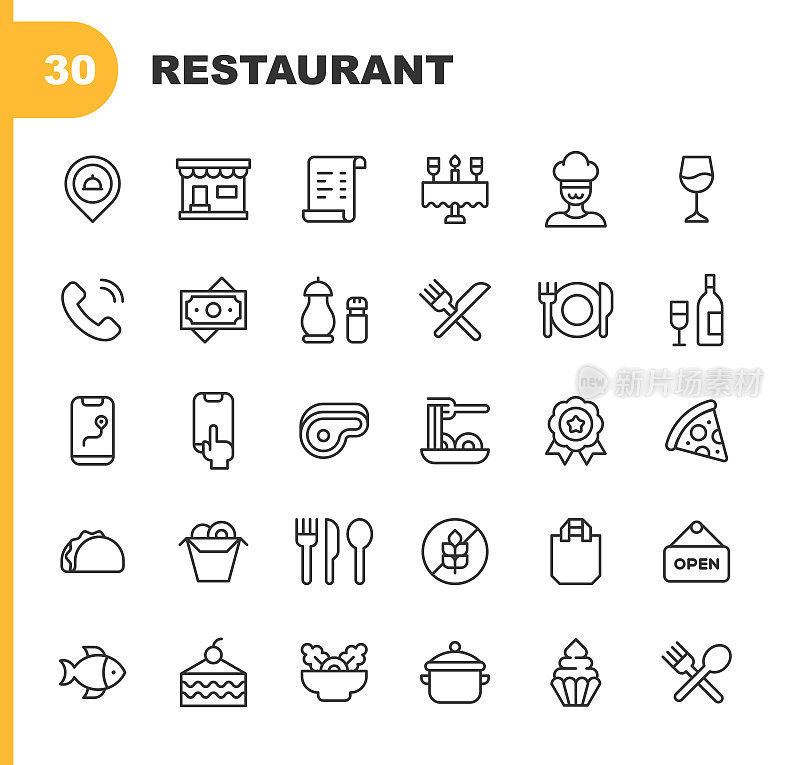 餐厅线图标。可编辑的中风。像素完美。移动和Web。包含这样的图标面包店，早餐，厨师，咖啡，送货，甜点，晚餐，饮料，食品，厨房，菜单，披萨，餐厅，评论，沙拉，牛排，寿司，服务员，葡萄酒。
