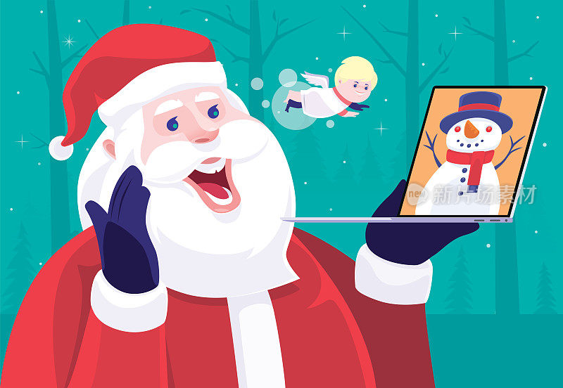 圣诞老人在笔记本电脑上和雪人视频聊天