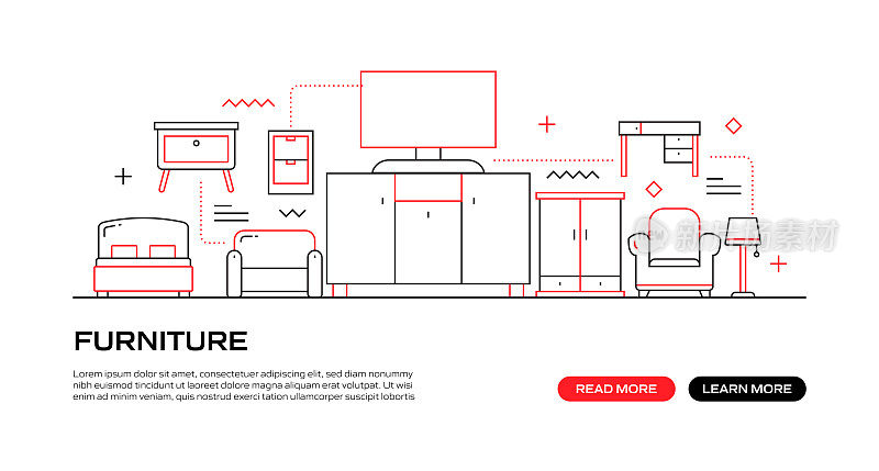 家具网页横幅与线性图标，时尚的线性风格向量