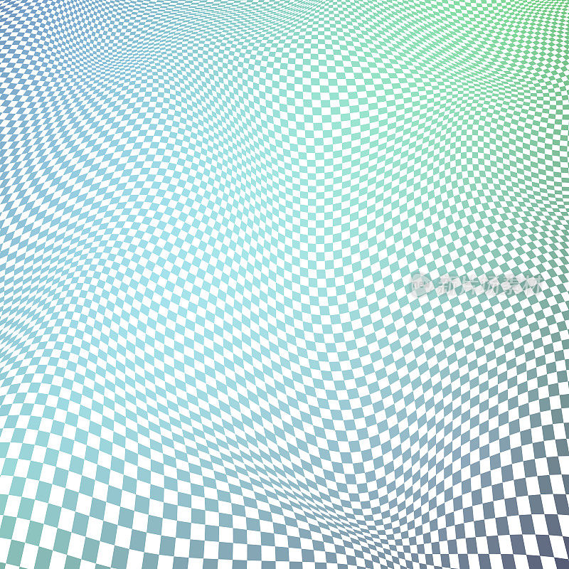 一个复杂的3D表面显示扭曲的方格图案，混合在绿色和蓝色的阴影中，以透视的方式展示。