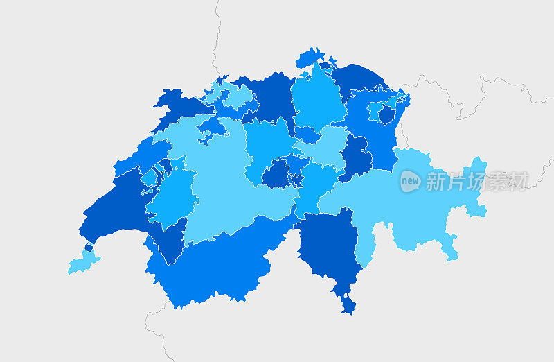 高详细的瑞士蓝色地图，列支敦士登，意大利，法国，德国，奥地利的地区和国家边界