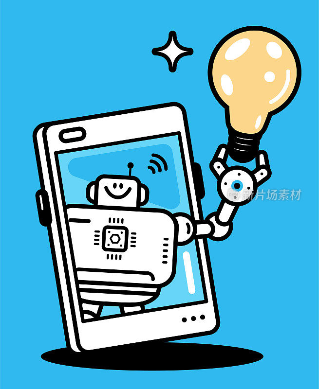 一个人工智能聊天机器人助手在智能手机屏幕上拿着一个大创意灯泡