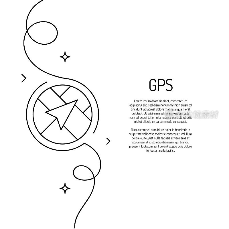 GPS图标的连续线条绘制。手绘符号矢量插图。