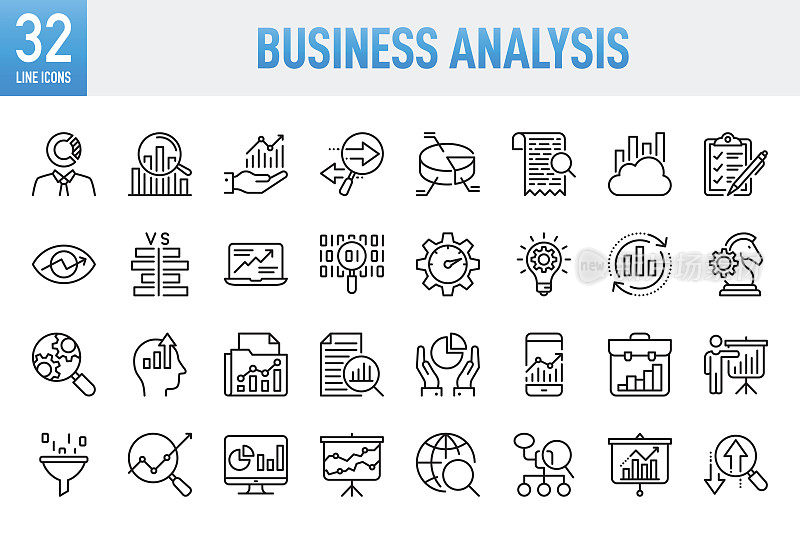 业务分析-细线矢量图标集。像素完美。移动和Web。这组图标包括:分析、数据、大数据、研究、检查、图表、示意图、专业知识、规划、建议