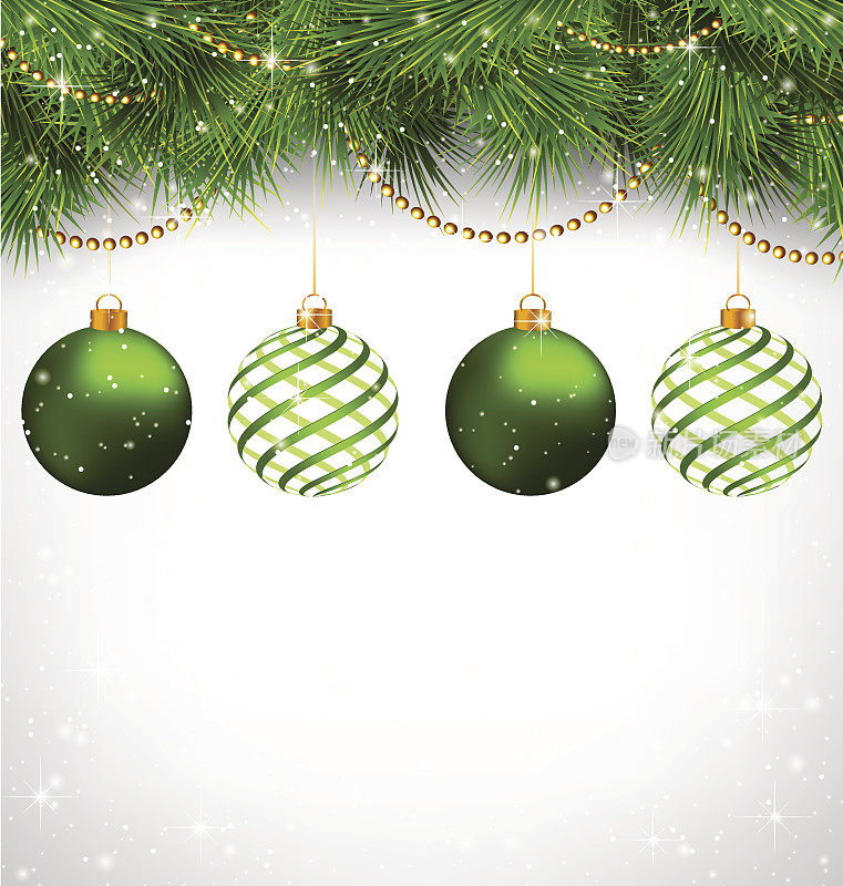 圣诞球挂在灰色的松枝上