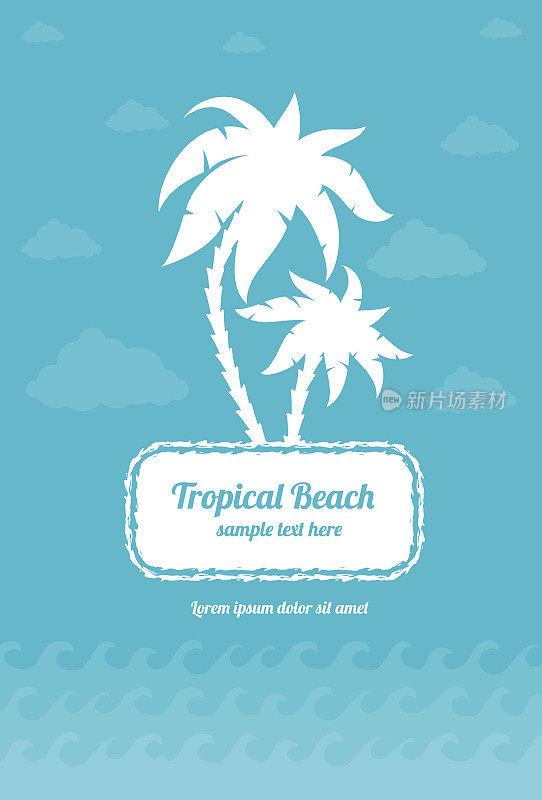 热带海滩上的棕榈树与云和海浪相呼应