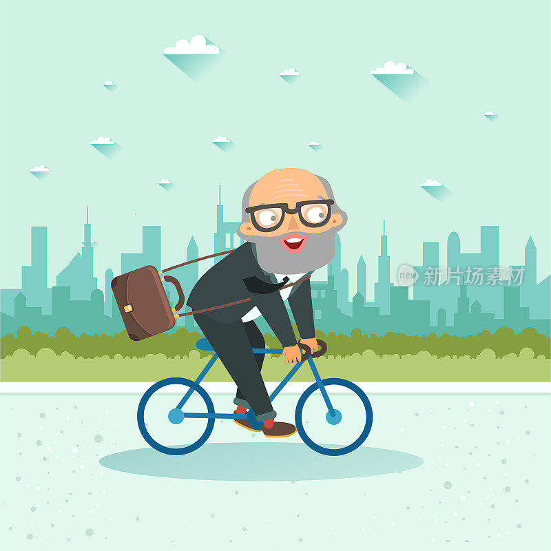 资深商人骑着自行车在城市背景