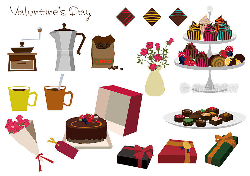 材料收集的巧克力礼物。蛋糕的材料收集。情人节的材料收藏。