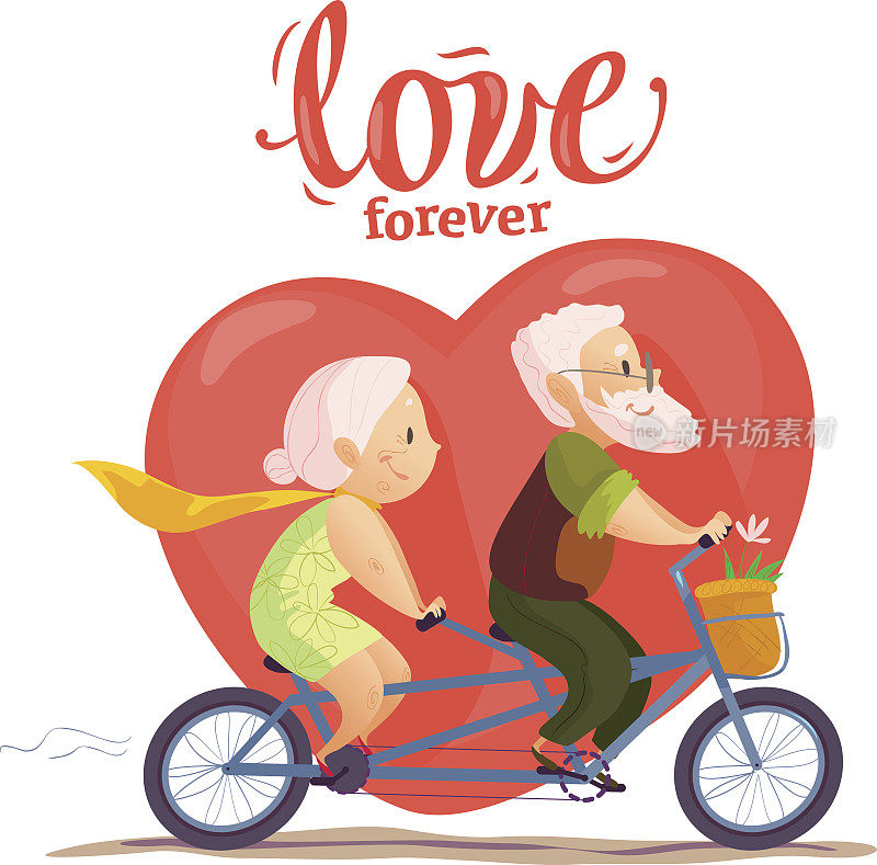 矢量平面肖像老可爱的夫妇骑双人自行车。