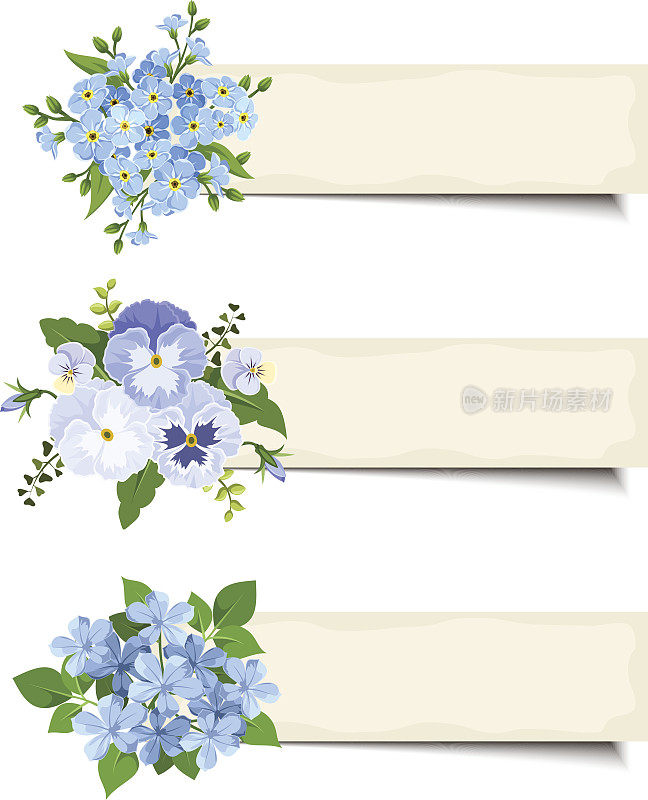 三个矢量横幅与各种蓝色花朵。Eps-10。