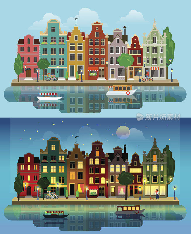 平面卡通多色的历史建筑，城市，城镇郊区设置白天和日落夜晚荷兰阿姆斯特丹。河流运河水道船堤岸街道自行车。都市生活生活方式收藏。