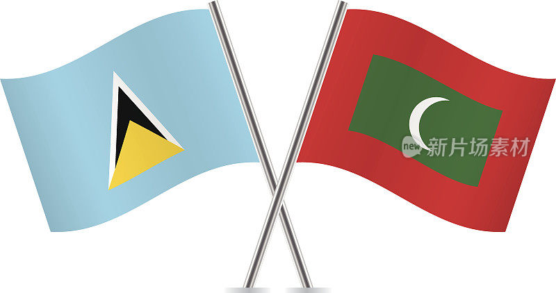 圣卢西亚和马尔代夫国旗。向量。