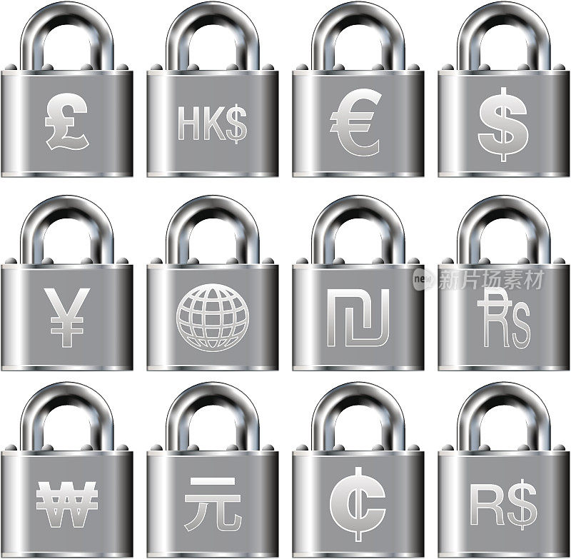 安全挂锁按钮上的国际货币符号图标