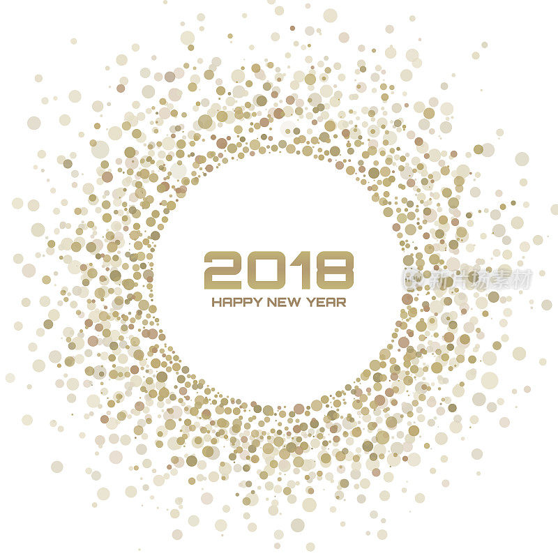 2018年新年贺卡的背景。金色灯光半色调圣诞圈框架使用雪花纸屑圆点纹理孤立在白色背景。矢量插图。