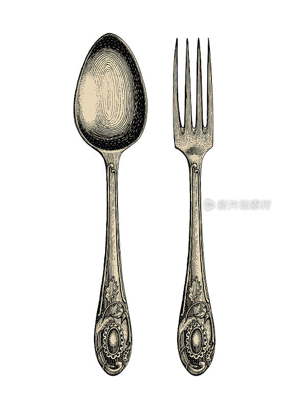 复古勺子和叉子手绘，勺子和叉子素描艺术孤立在白色背景