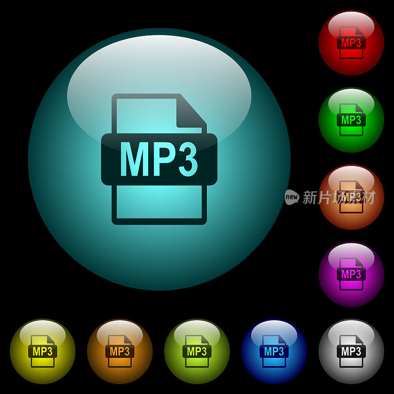 MP3文件格式图标，彩色发光玻璃按钮
