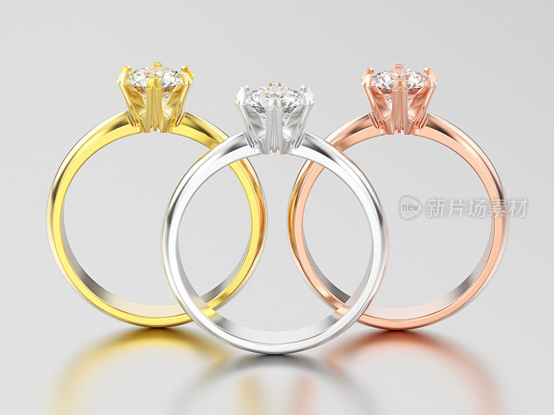 3D插图三黄，玫瑰和白色黄金或白银传统的单人订婚钻戒