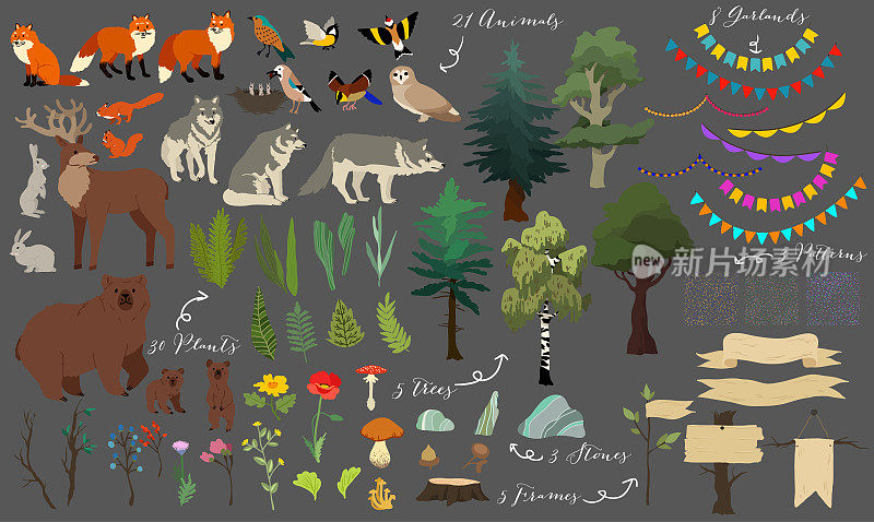 一套可爱的森林元素-动物，树木和其他。矢量装饰可爱的插图设计