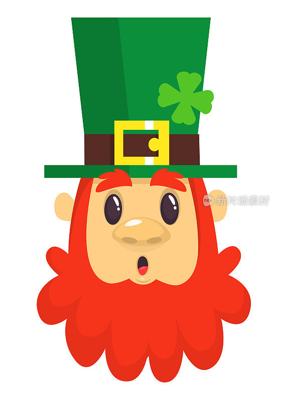 卡通小妖精惊讶。红胡子的头。图为爱尔兰圣帕特里克节庆祝活动