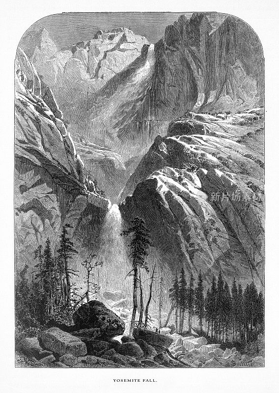 约塞米蒂瀑布，约塞米蒂山谷，约塞米蒂国家公园，内华达山脉，加利福尼亚州，美国维多利亚版画，1872年