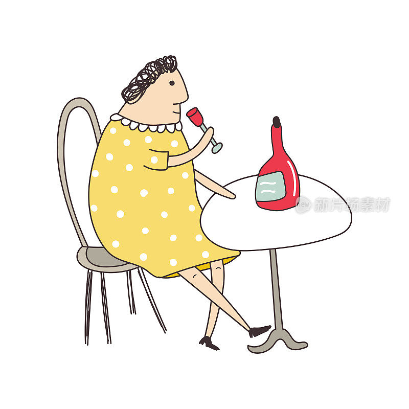 一位穿着黄色连衣裙的老妇人坐在餐厅的桌子旁，用玻璃杯喝着酒。矢量插图。