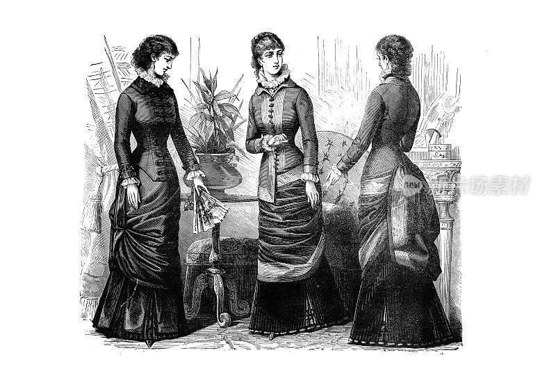 维多利亚时代的时尚女性，黑色缎子礼服