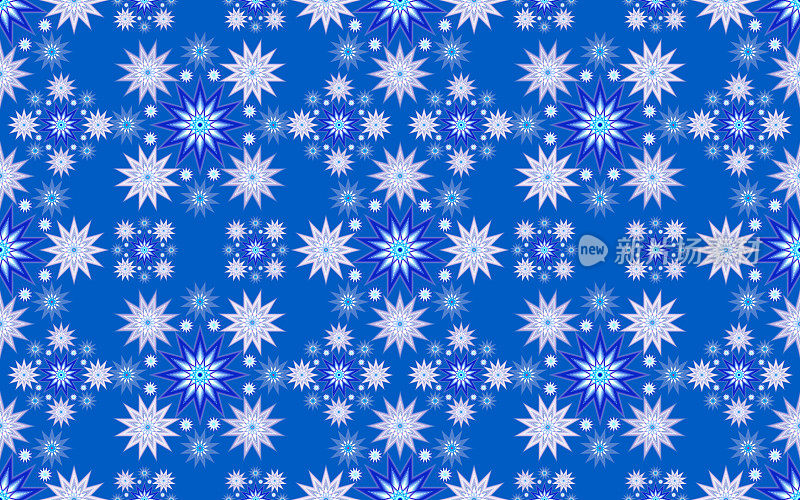 抽象的蓝色几何无缝图案-点缀雪花或十二星。